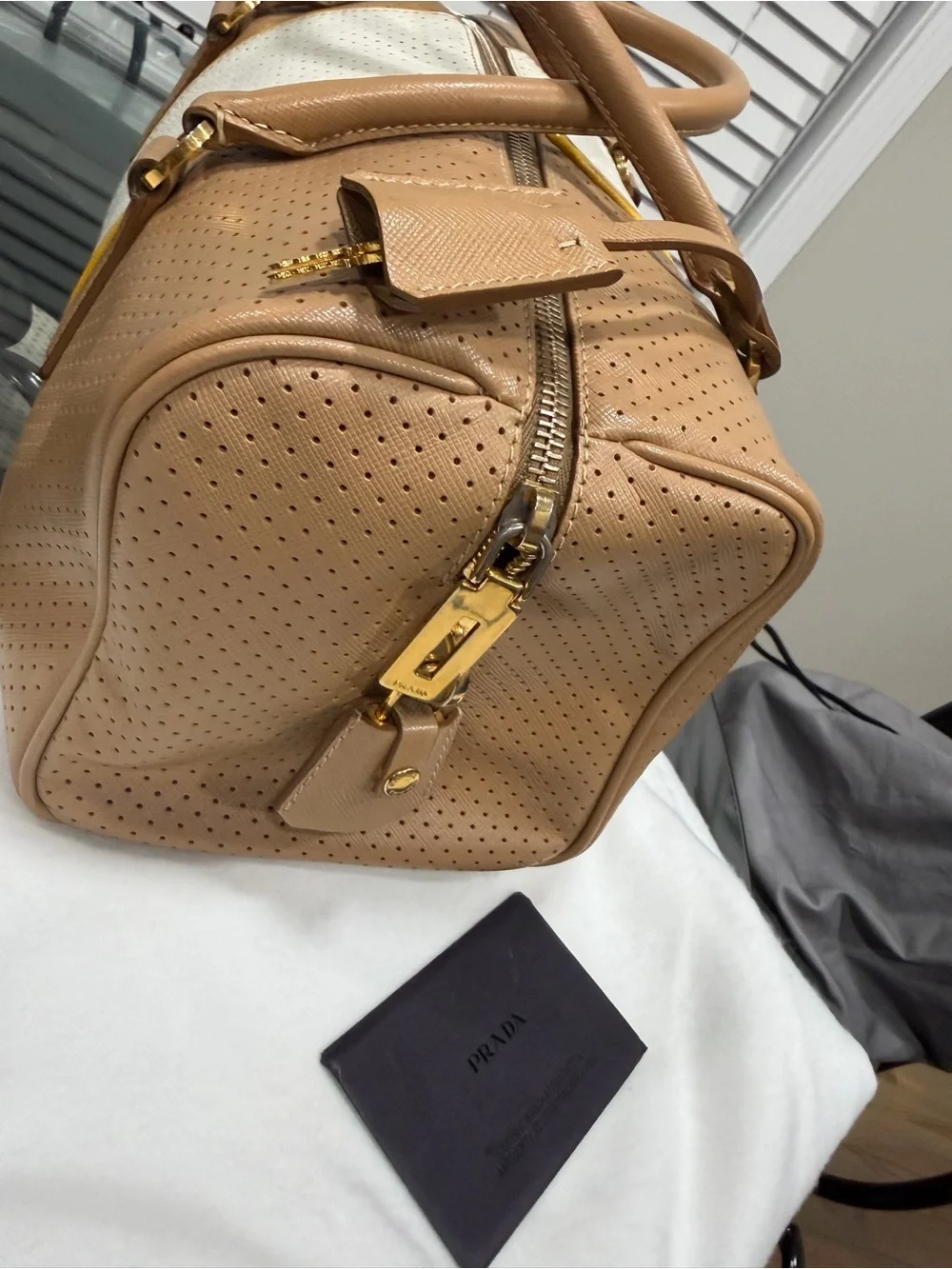 Prada Beige and White Perforated Leather Satchel with Yellow Trim
